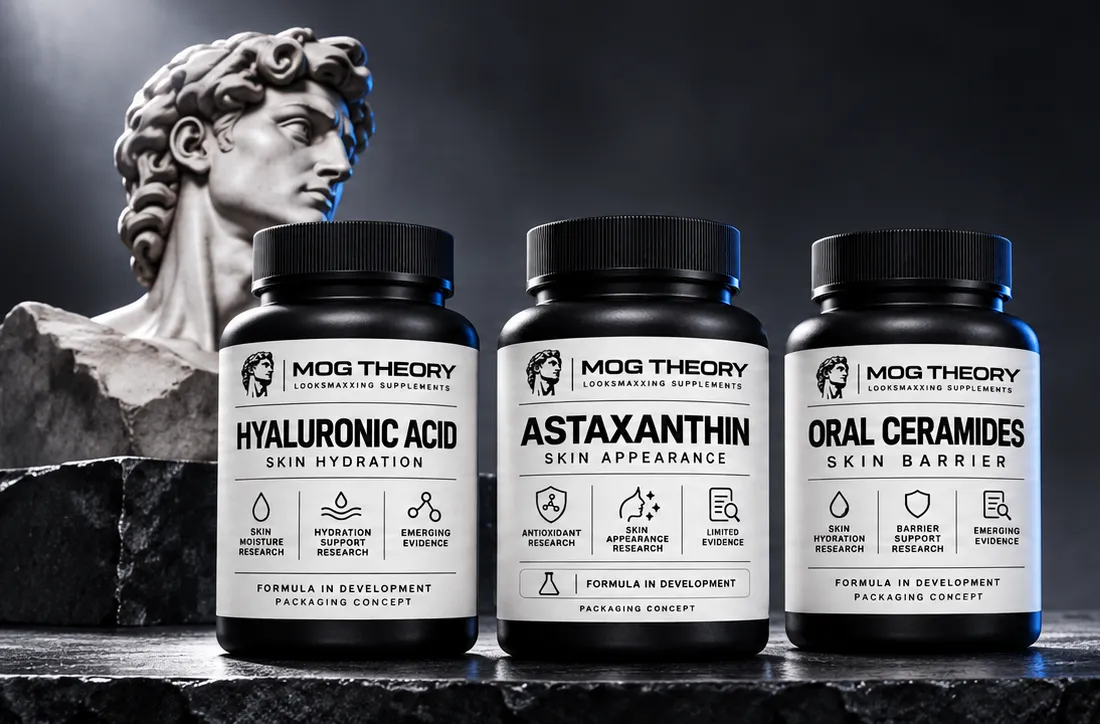 Hyaluronic Acid, Astaxanthin and Oral Ceramides bottles beside a classical marble bust